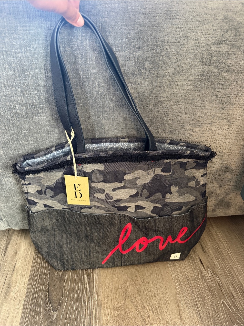 NWT Ellen Degeneres Gray Camouflage & Charcoal Tote with Red "love" Script